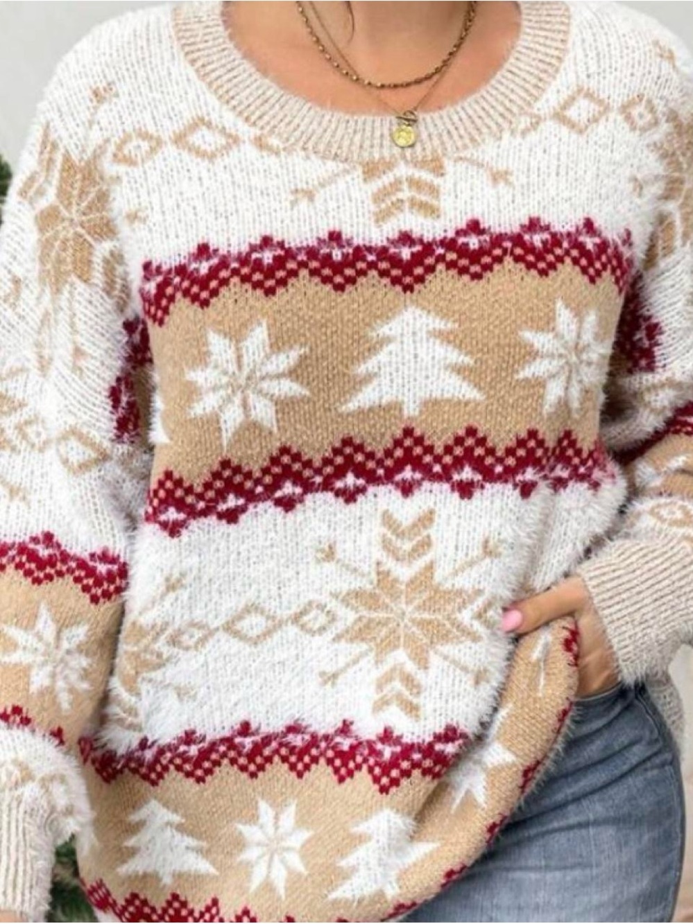 Holiday Time Fair Isle Snowflake Crewneck Sweater - White, Tan & Red
